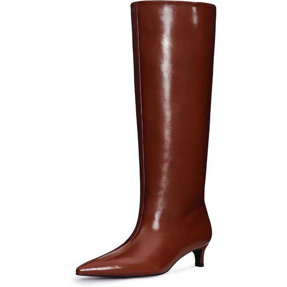 ⚡Women's Brown Knee High Boots 1.5-in Stiletto Low Heel Pull On Pointed Toe - Picture 1 of 6